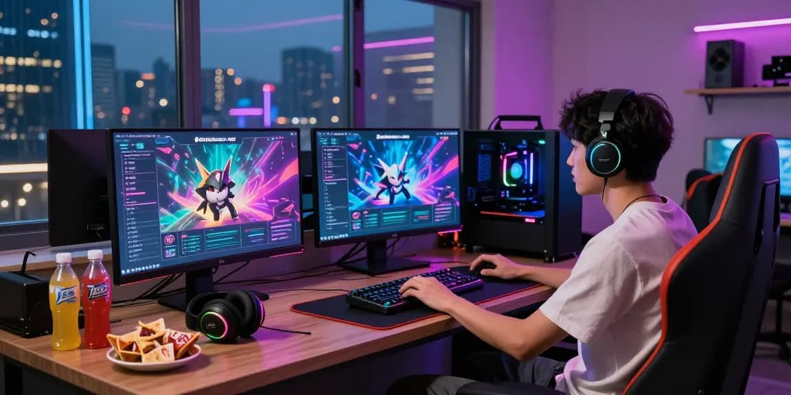 Gamer enjoying pakde4d in a vibrant modern lounge with high-end PC and RGB lighting.