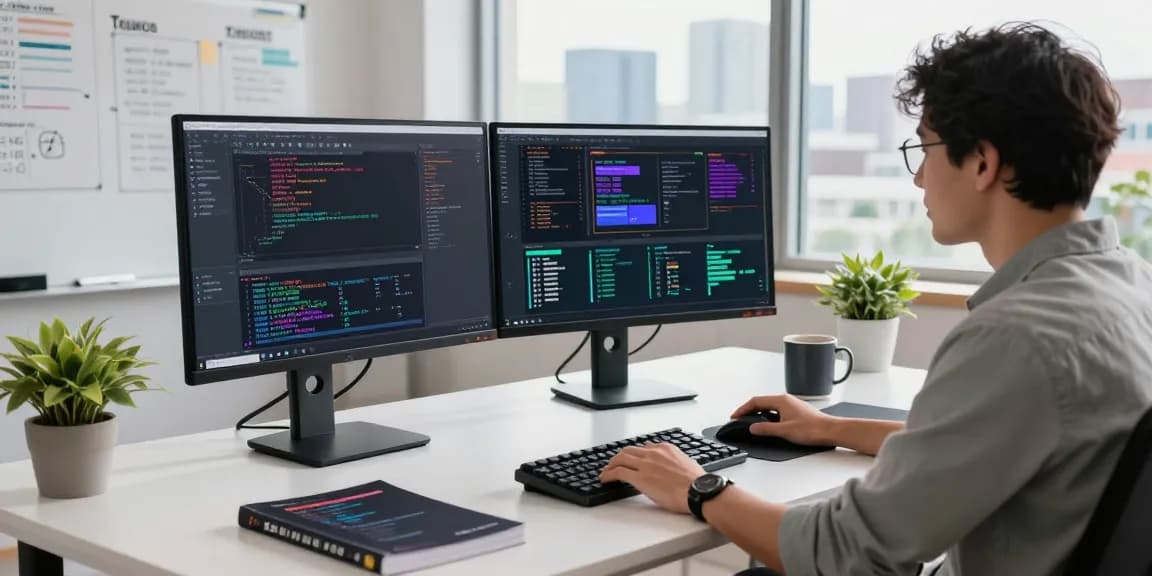 Software developer working at telegraimin.com in a modern tech office