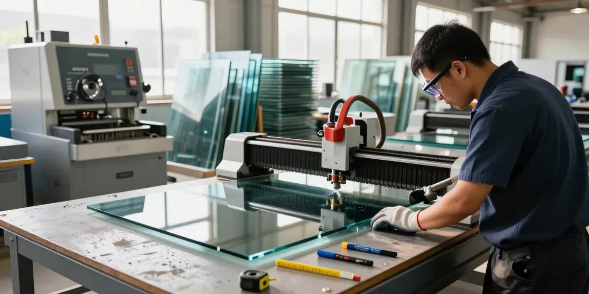 CNC glass cutting machine in action, demonstrating precision in glass processing