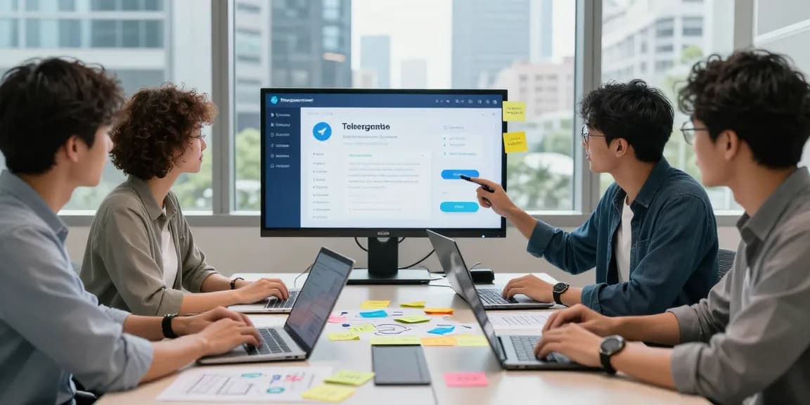 Setting up a telegram china proxy setup in a modern workspace with diverse professionals sharing ideas.