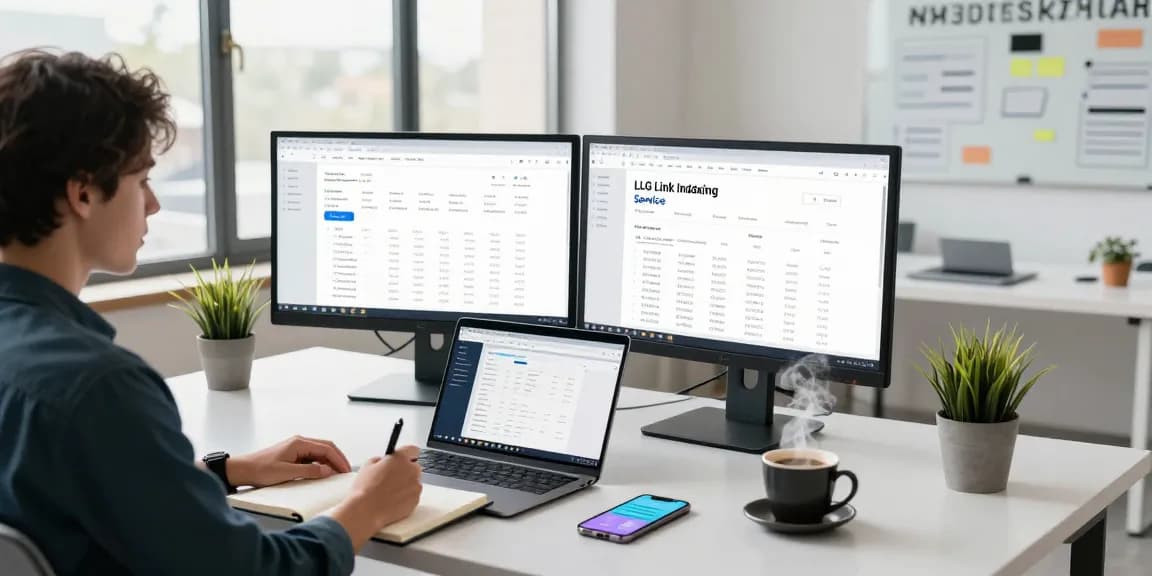 Engaging workspace scene showcasing LLG Link indexing service analysis with monitors, notes, and a focused marketing specialist
