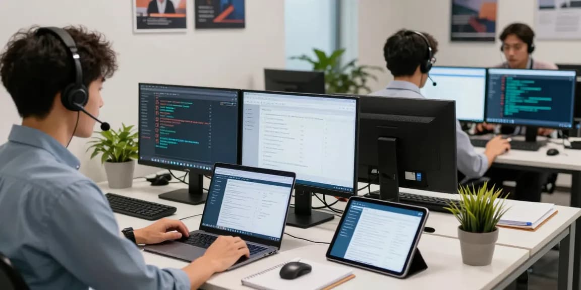 Efficient Telus-Technical-Support center with representative assisting users through multiple screens and collaborative workspace.