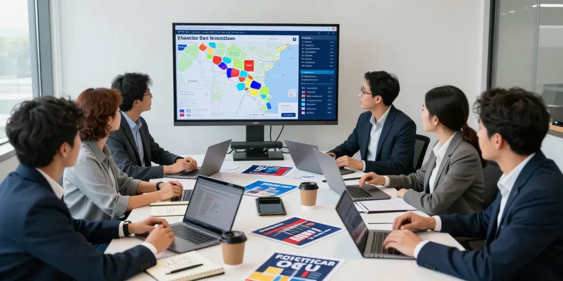 Political CTV advertising meeting where a diverse team analyzes voter data for campaign strategies.