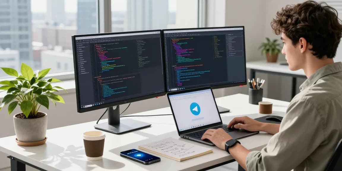 Developer coding with 纸飞机中文版 on a sleek workspace surrounded by tech gadgets, in a modern office setting.