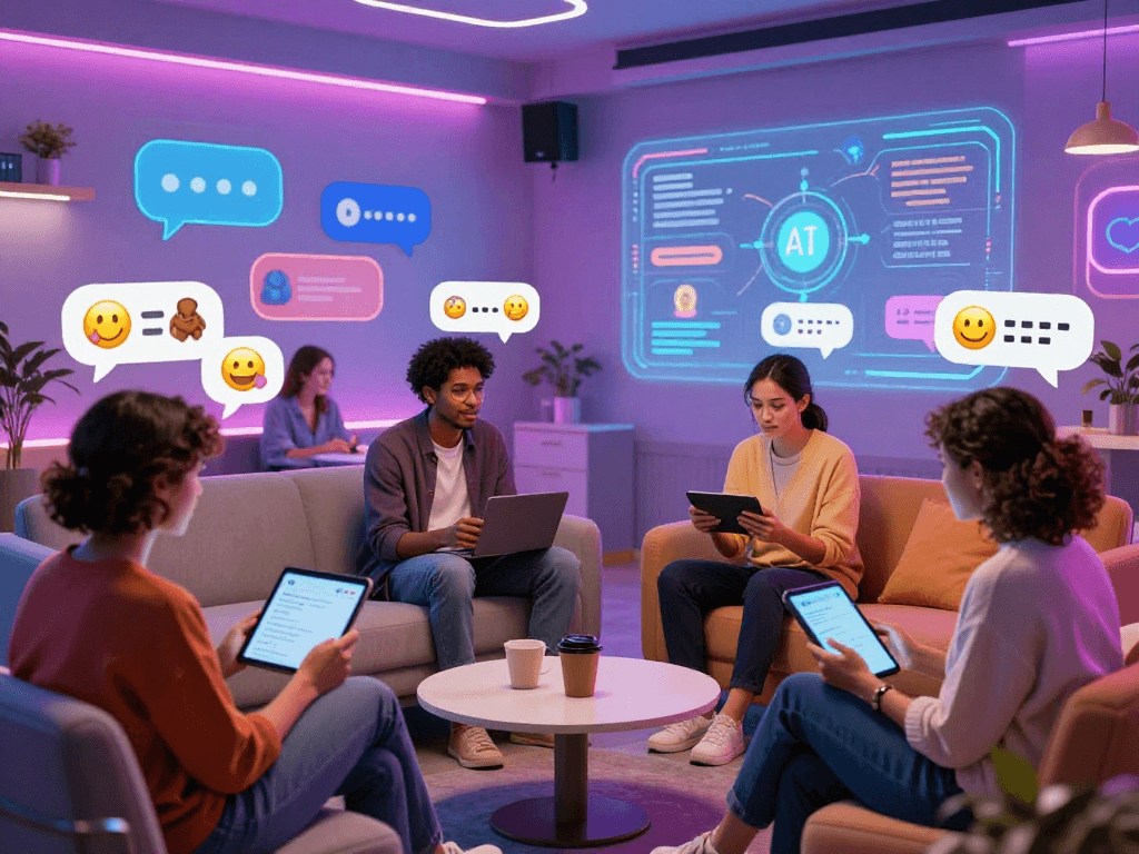 Innovative AI nsfw chat scene with diverse users engaged in dynamic conversations.