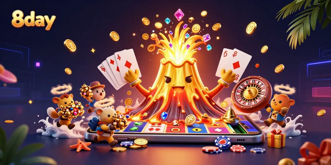 Experience the thrill of 8day's casino games with an eruption of golden treasures and exciting gameplay elements.