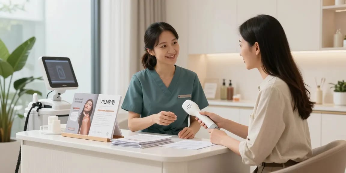 現代的な健康施設でプロのエステティシャンとVIO脱毛+クリニックについて相談している様子。