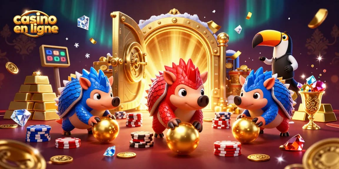 Les pangolins rivaux jouent au casino en ligne, entourés de joyaux scintillants et de trésors.