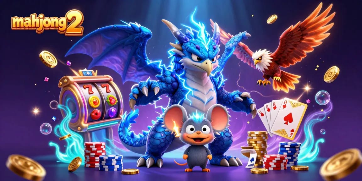 Engage with mahjong 2 as the thunder dragon and hawk unveil exciting casino elements in this energetic scene.