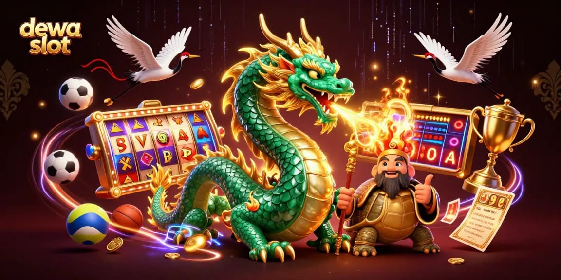 Dewa slot illustration with a dragon, turtle, and lucky cranes celebrating big wins.