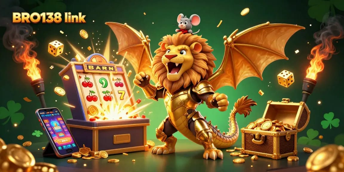 Engage with the excitement of BRO138 link as a chimera creature celebrates a jackpot win in a vibrant casino scene.