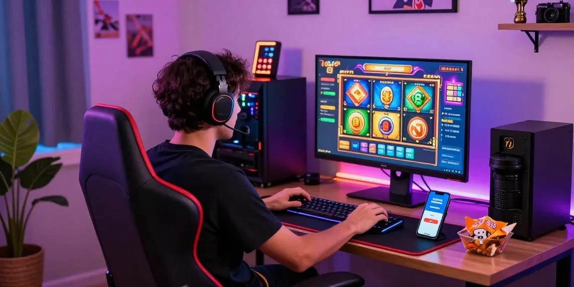 Deposit pulsa tanpa potongan gaming setup with player immersed in slot game