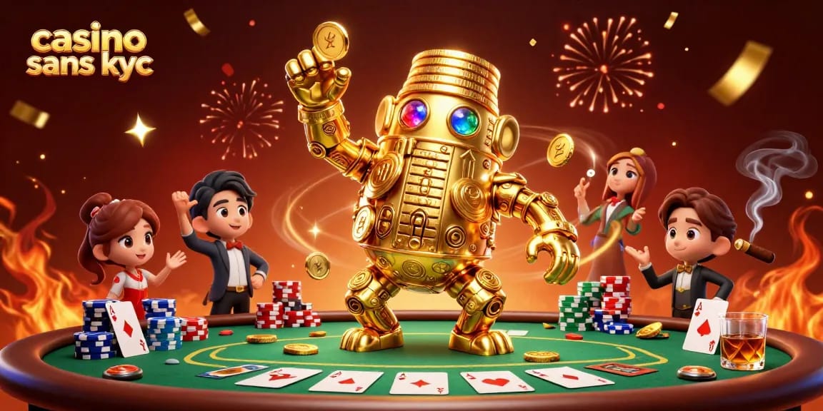 Jouer au casino sans KYC avec un golem doré parmi des jetons de poker colorés.