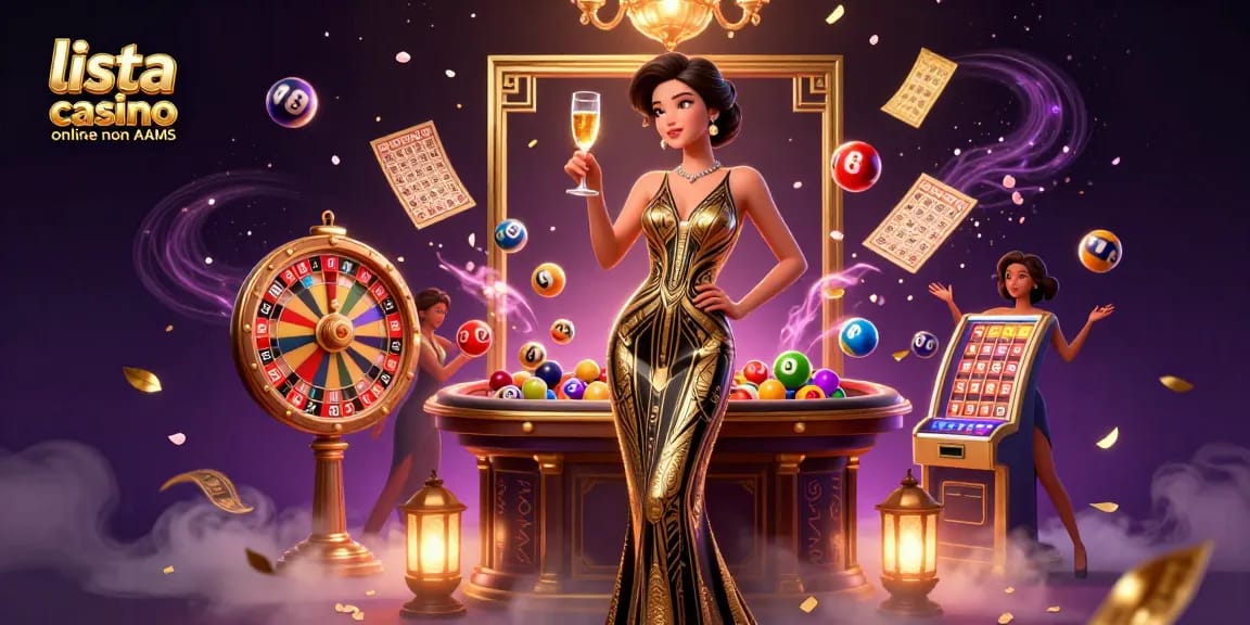 Interagisci con la lista casino online non AAMS in un casinò glamour con elementi dinamici della lotteria.