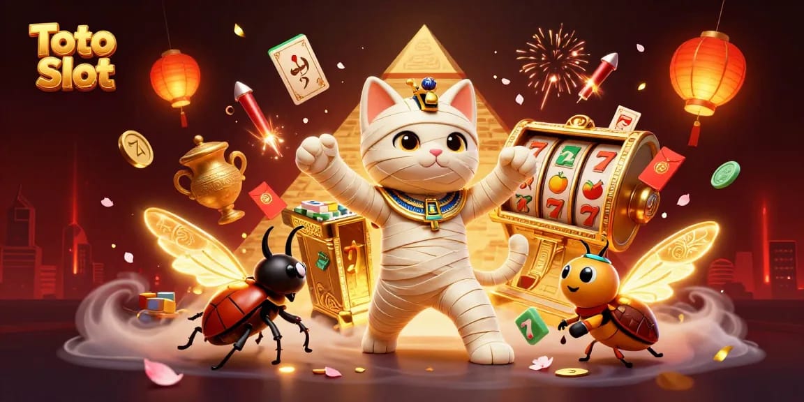 Permainan Toto Slot yang menarik dengan kucing mumi dan simbol kasino yang penuh warna, menggairahkan para petaruh.