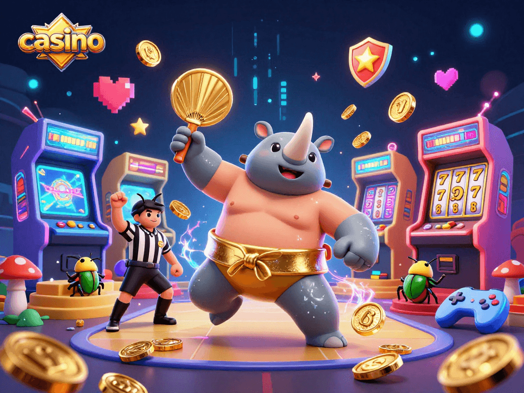 Stomp and win at this vibrant casino with a rhinoceros beetle champion amidst colorful gaming fun.