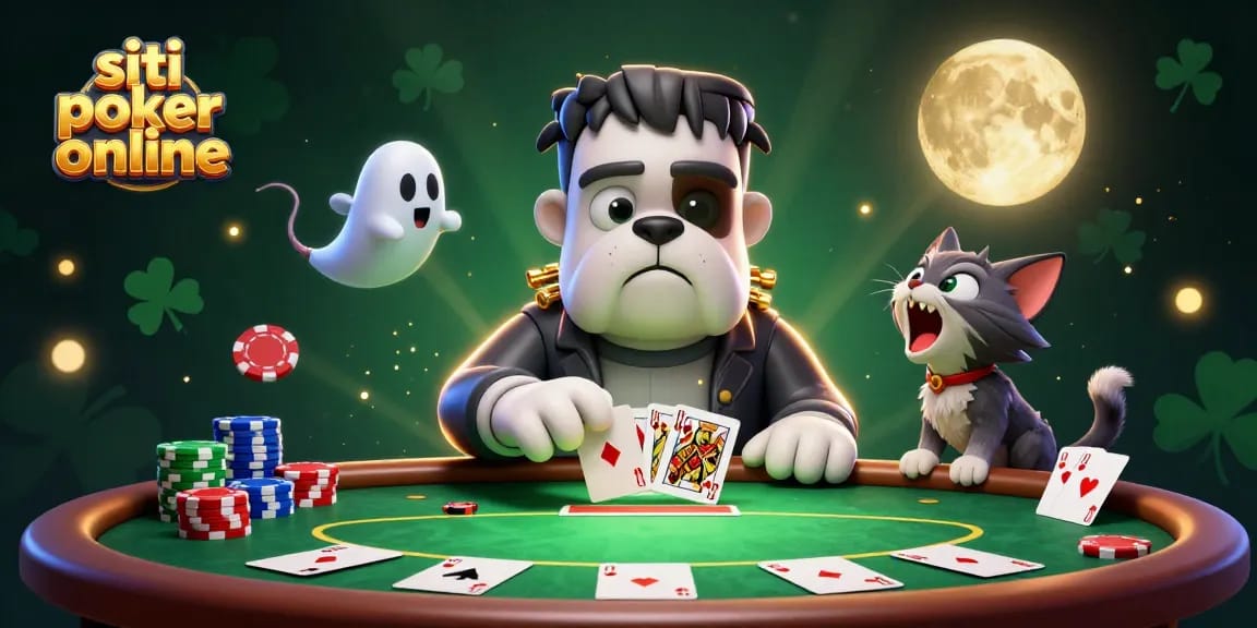 Siti di poker online: una scena di poker vivace con un bulldog Frankenstein che distribuisce carte a un tavolo, circondato da fiches e un'atmosfera spettrale.