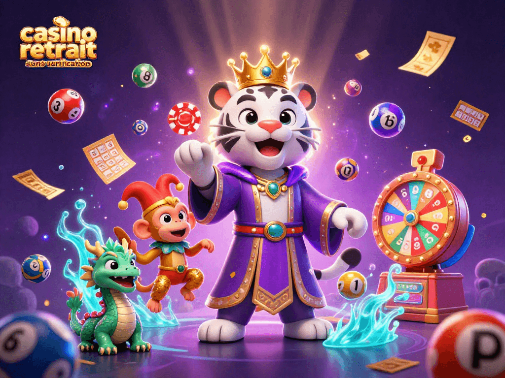 Illustration dynamique sur un casino retrait sans vérification avec un tigre, un singe jongleur et un dragon jade.