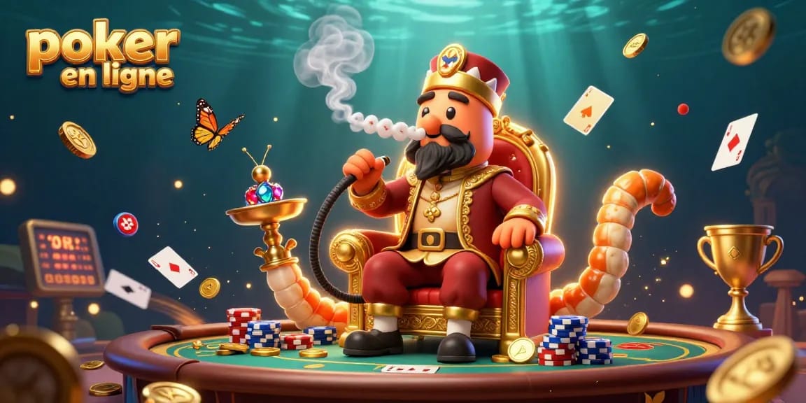 Jouez au poker en ligne et remportez des gains avec des symboles de poker flottants.