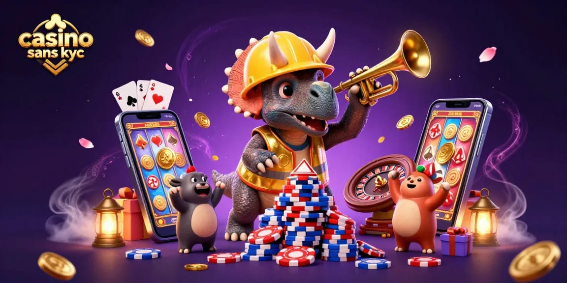 Les joueurs profitent d'un casino sans KYC avec une illustration festive et colorée de jeux de casino.