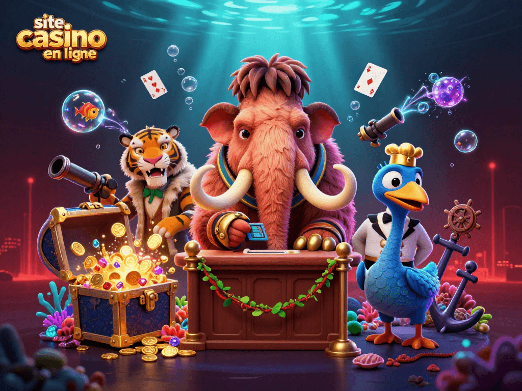 Visitez le site casino en ligne avec un mammouth bouncer, un invité VIP et un portier en scène colorée.