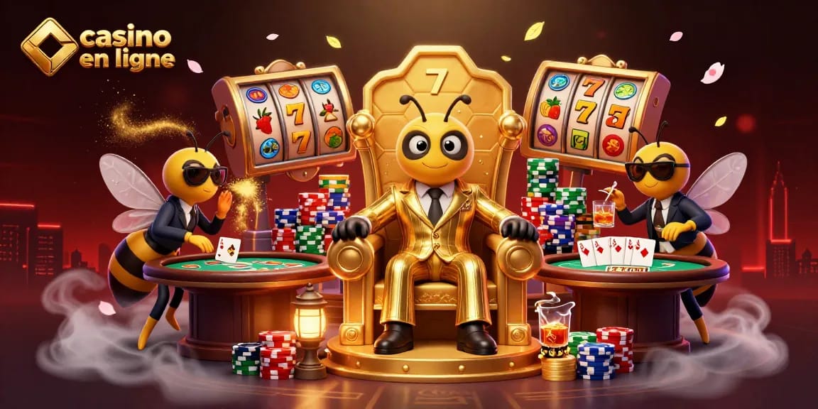 Jouez à des jeux passionnants sur un casino en ligne, avec un roi de la ruche et des gardes dans un décor animé.