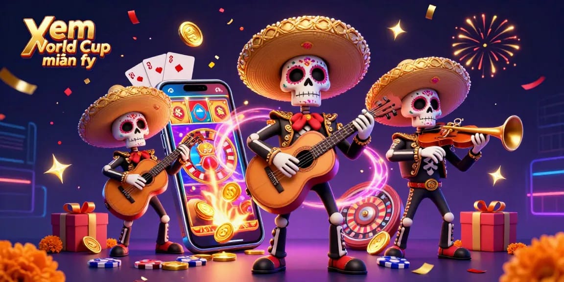 Xem World Cup miễn phí with a vibrant 3D casino scene featuring a mariachi band and slot games.