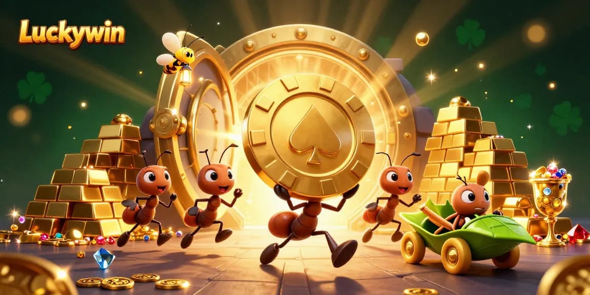 Luckywin team of ants carrying a giant poker chip in a vibrant treasure heist scene.