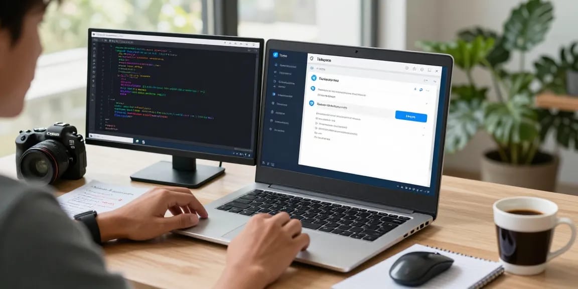 telegram china proxy setup on a laptop with dual monitors in a modern workspace