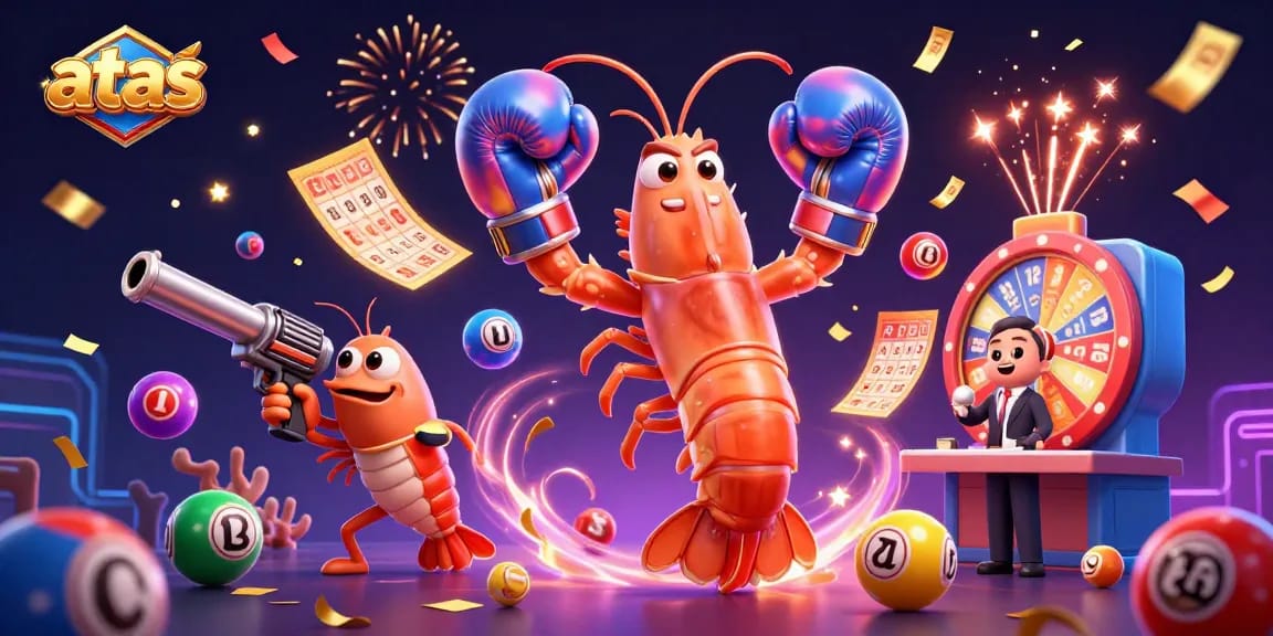 Experience thrilling games at atas with colorful lottery balls, vibrant prizes, and fun cartoon characters.