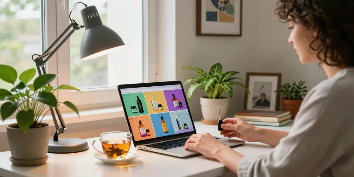 Buy Kush Liquid Incense On Paper displayed on a laptop in a cozy home office