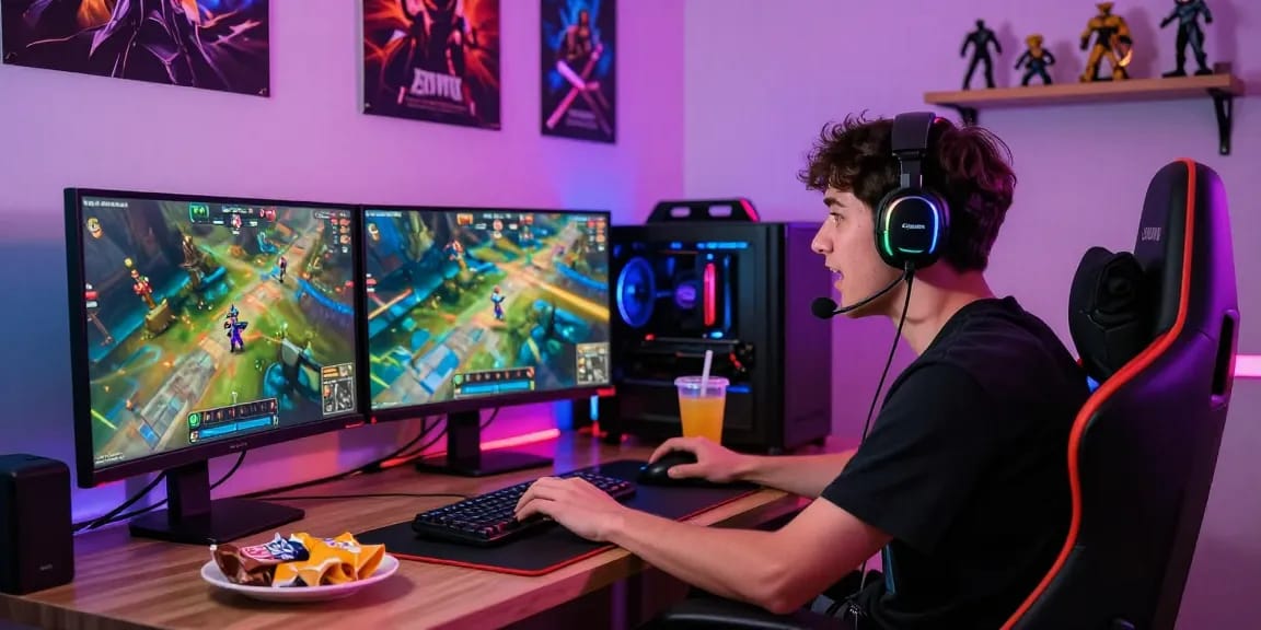 Pengguna santoto4d sedang bermain game online seru di rumah, dikelilingi peralatan gaming yang modern dan poster permainan.
