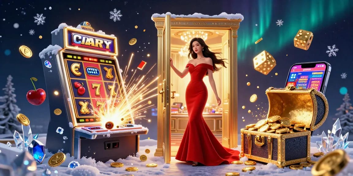 Illustration du Casino Cresus avec une belle femme dans une porte VIP entourée d'éléments de jeu passionnants.