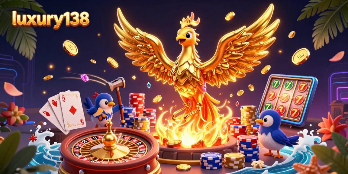 Play at luxury138 and win with vibrant 3D casino art featuring a golden phoenix and dynamic gambling elements.