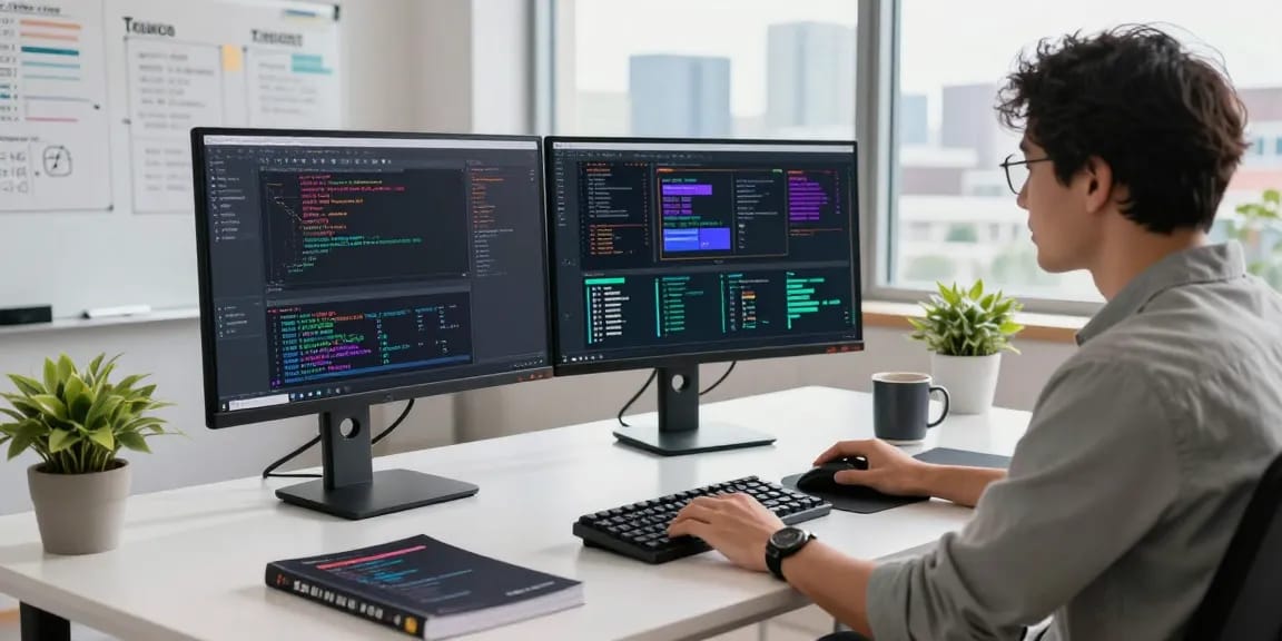 Software developer working at telegraimin.com in a modern tech office