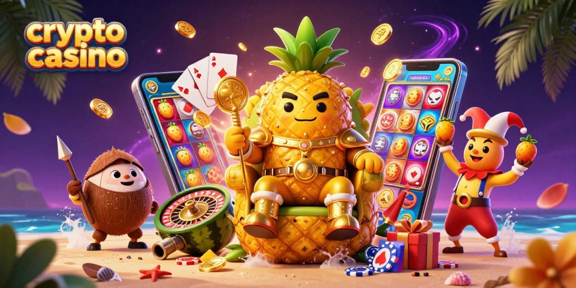 Expérimentez un casino crypto vibrant avec un roi ananas et ses gardes, entourés de jeux palpitants.