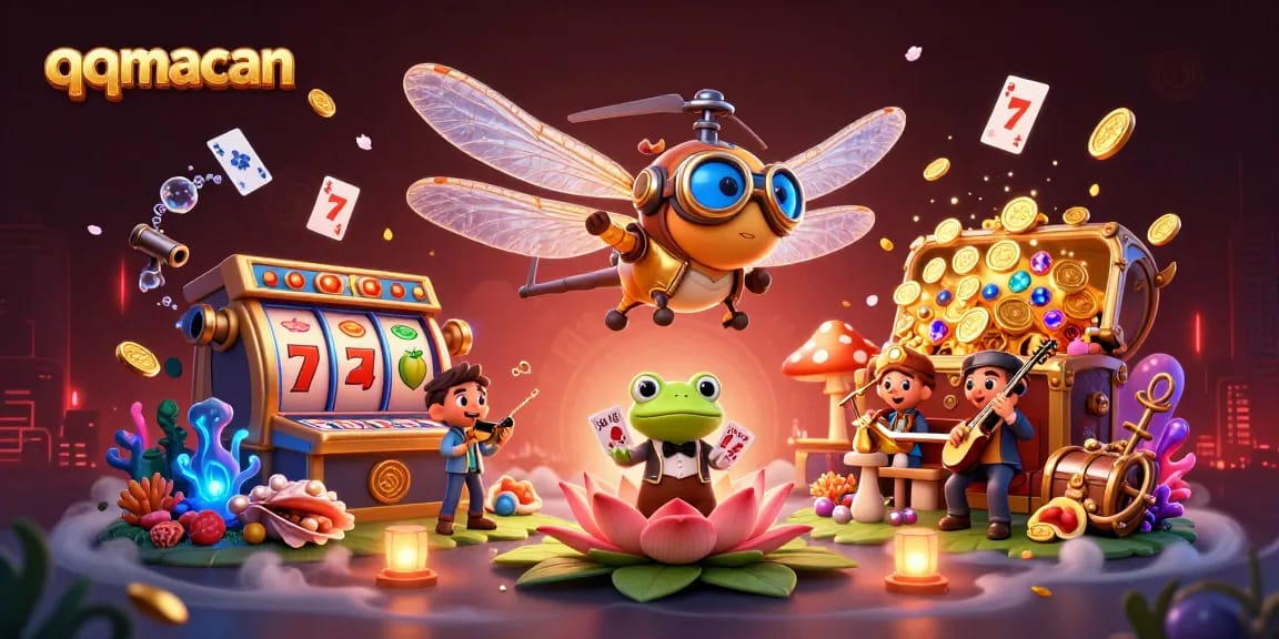 Experience thrilling slots with qqmacan as the dragonfly pilot hovers over a vibrant lily pad casino scene.