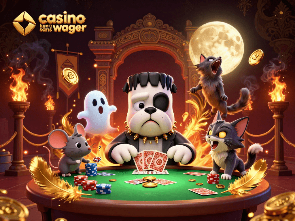 Jouez au casino en ligne sans wager avec ce bulldog Frankenstein dealers de cartes à une table effrayante.