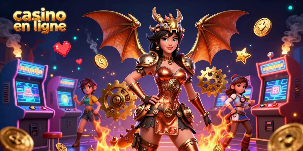 Découvrez l'excitation du casino en ligne avec une illustration vibrante mettant en scène des jeux dynamiques et des éléments de fantaisie.
