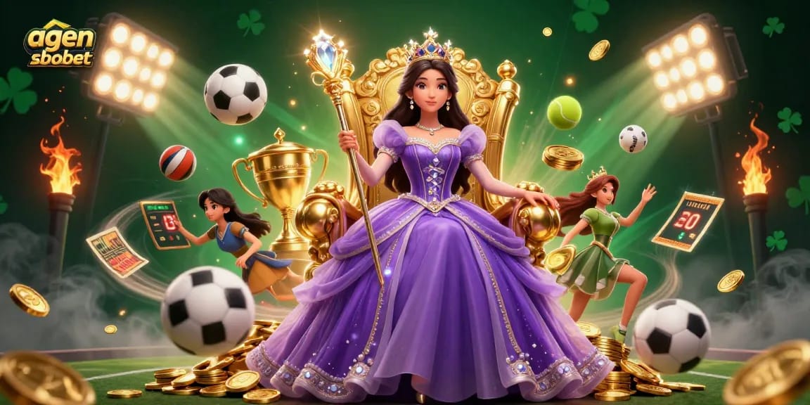 Engage in sports betting at agen sbobet with a stunning illustration of a regal princess surrounded by dynamic sports elements.