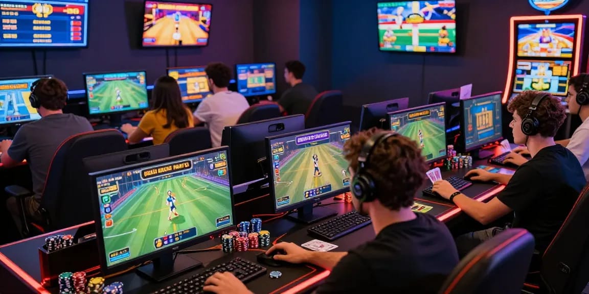 Engaged gamers exploring link raja328 in a vibrant online casino environment, showcasing thrilling slot and sports betting.