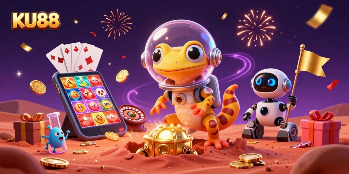 Join the excitement at KU88, where a Martian gecko explores a golden casino amid vibrant slot games and celebration.