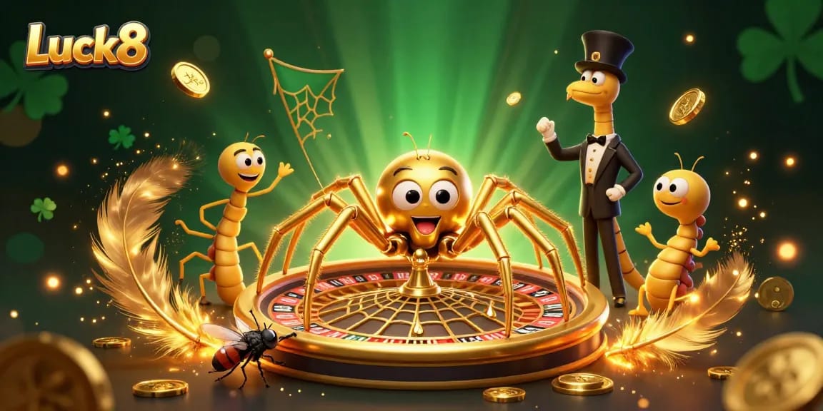 Experience thrilling bets on Luck8 with a vibrant 3D casino scene depicting a roulette wheel spun by a golden spider.
