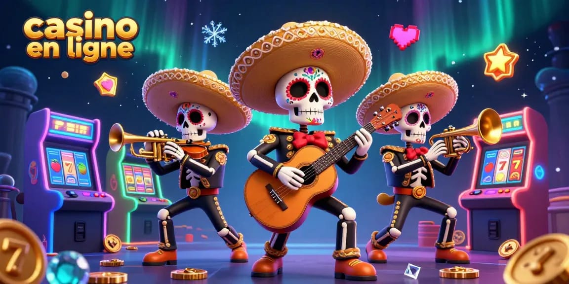 Profitez de l'action vibrante des casinos en ligne avec une bande de mariachi colorée et des graphiques de jeux palpitants.