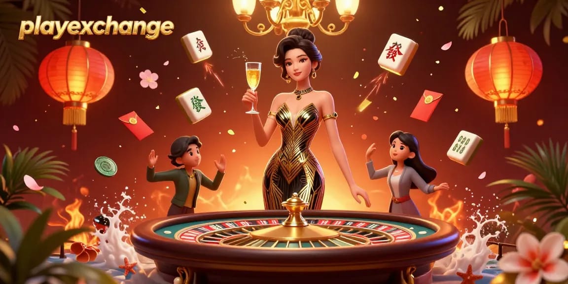 Experience excitement at playexchange with an elegant woman celebrating near a roulette table filled with festive elements.
