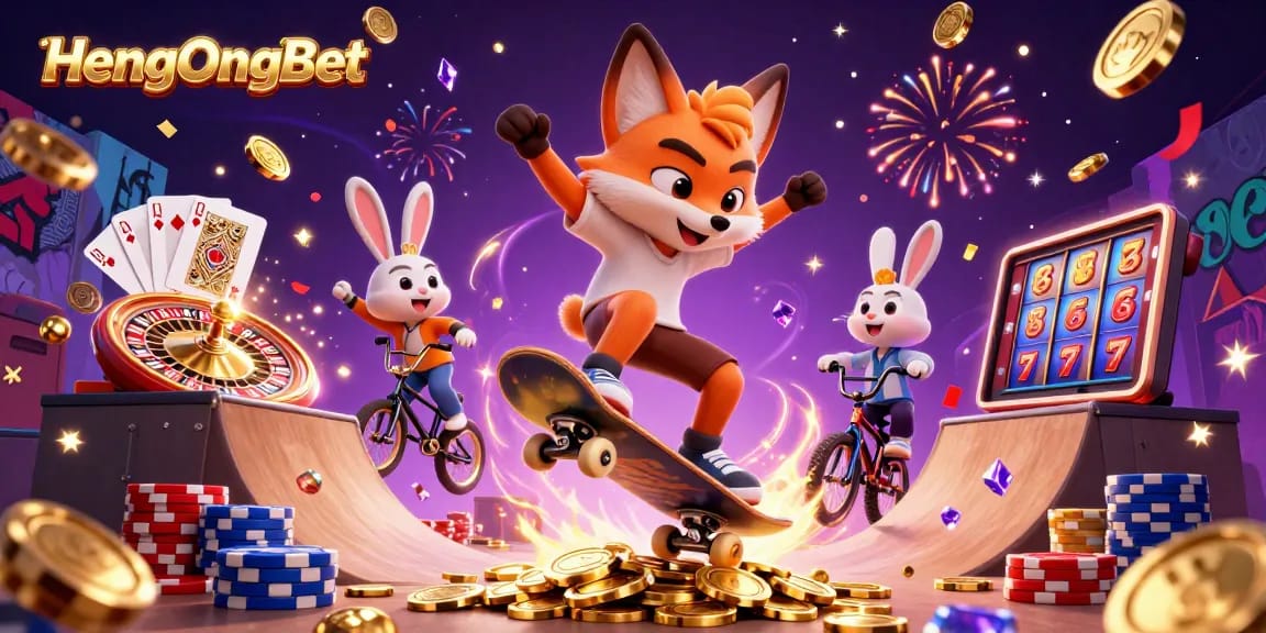 HengOngBet showcases excitement with a skateboarder fox and BMX rabbit in a vibrant casino scene.