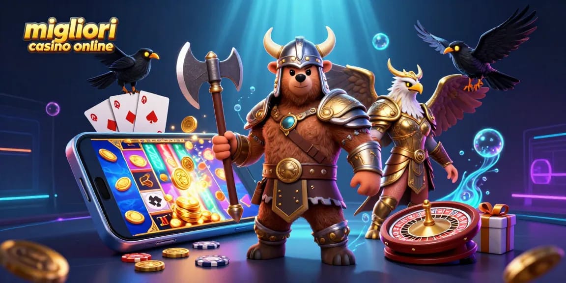 Vivi l'emozione dei migliori casino online con un orso vichingo e una valchiria, tra dinamici elementi di giochi di slot.