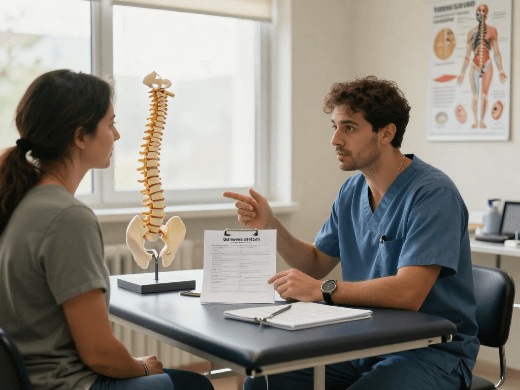 Discussing Bel kayması ameliyatı treatment options with a patient in a medical consultation.