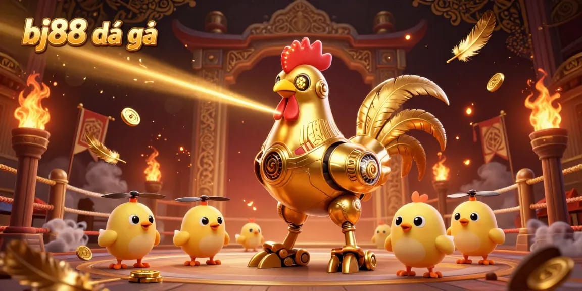 Bettors engage with dynamic bj88 đá gà games featuring a golden rooster robot and baby chick drones in a vibrant arena.