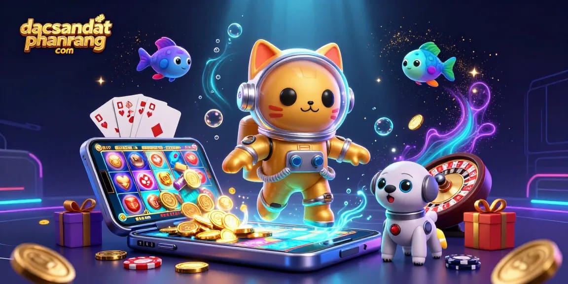 Engage with dacsandatphanrang com's vibrant space-themed casino illustration showcasing rewards and gaming action.